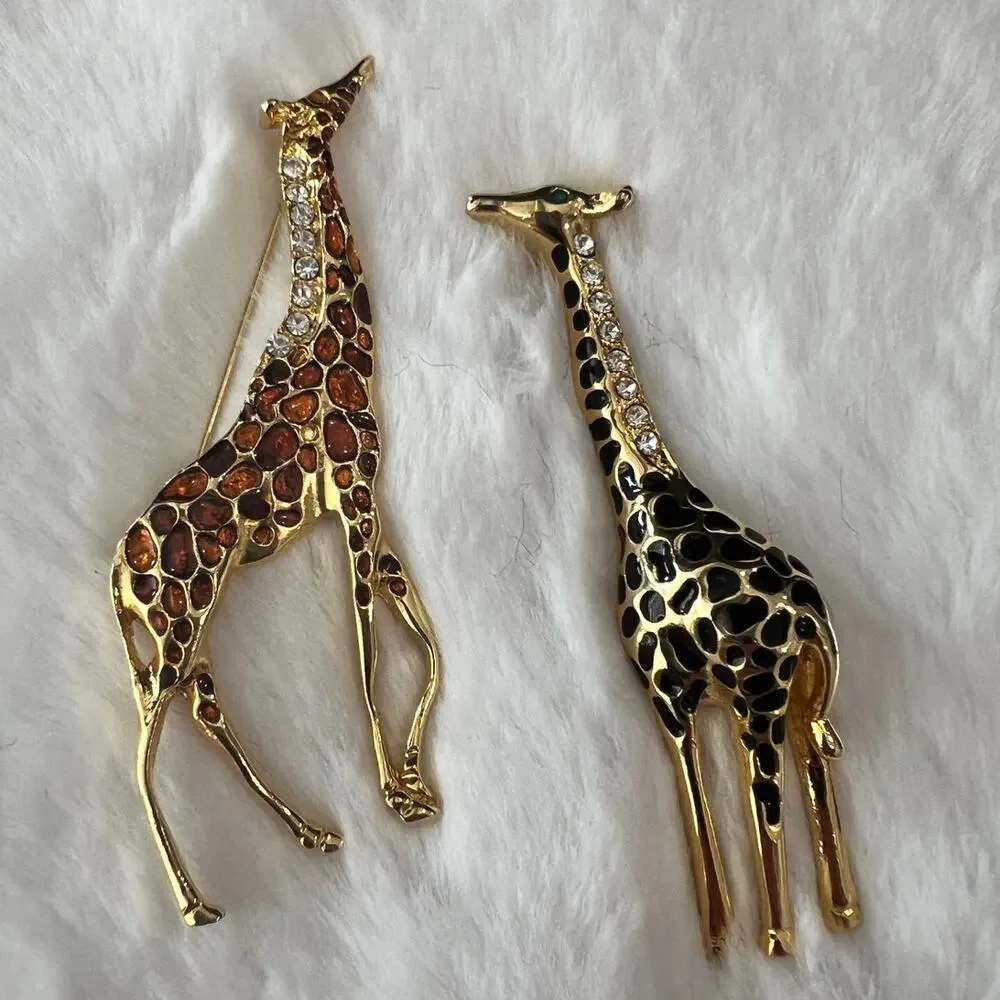 A Set of Two Estate Found Gold Tone Vintage Sparkly Rhinestone Giraffe Brooches